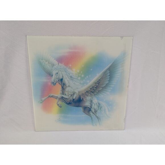 Vintage 1980's Framed‎ Glass Unicorn Pegasus Mirror Carnival Prize 12" Square - Picture 2 of 11